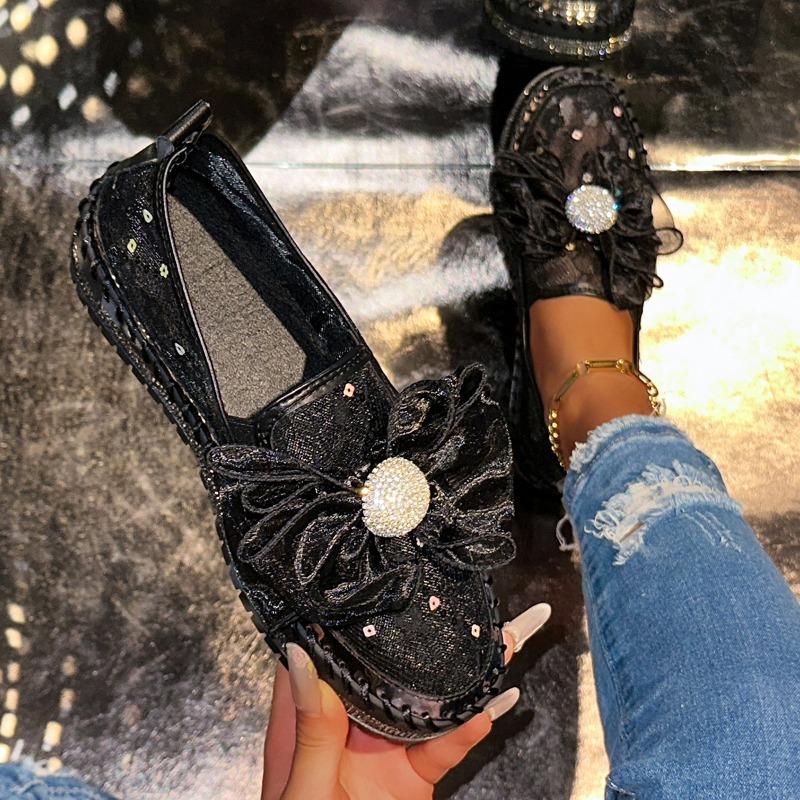 Fashion Platform Single Shoes Fashion Round Toe Deep Mouth Sequin Lace Bow Soft Slip Low Top Shoes