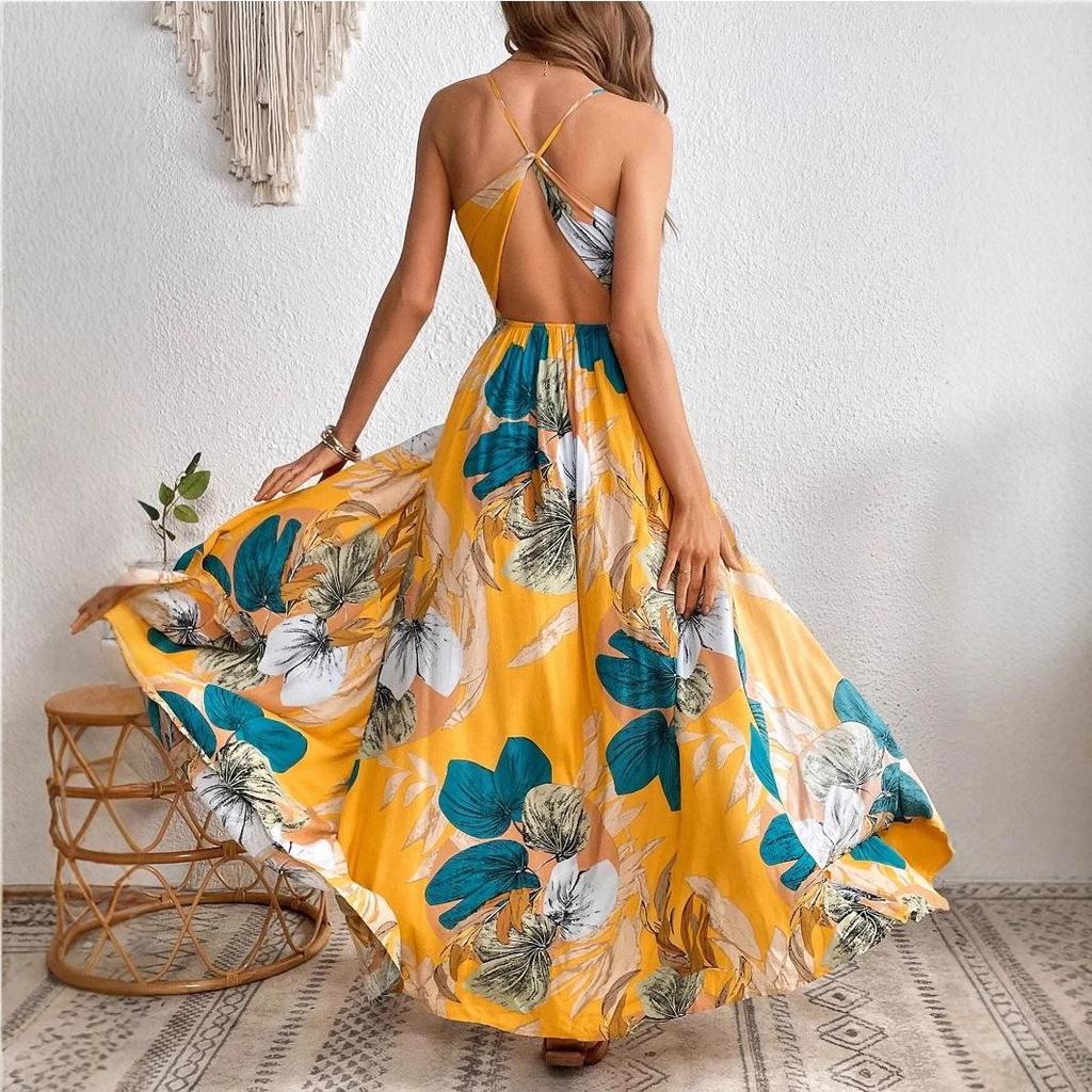 Tropical Print High Slit Strap Dress - European & American Style
