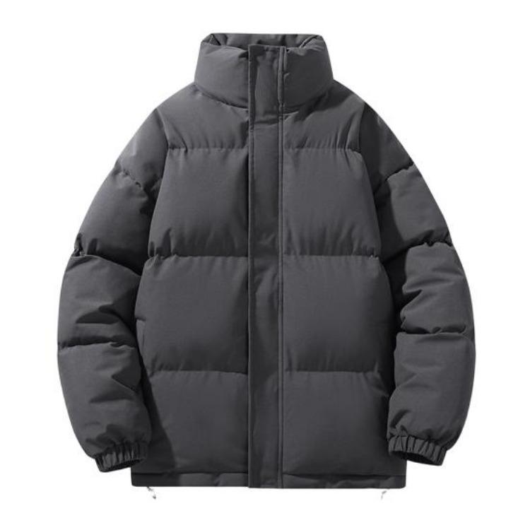 Winter Puffer Coat Men Stand Collar Long Sleeve Solid Color Outwear with Side Pockets Zipper Closure