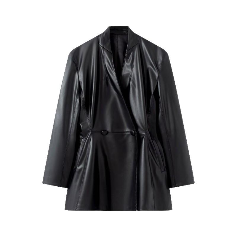 Womens Fall Long Sleeve Lapel Double-Breasted Belted Faux Leather Blazer Coat