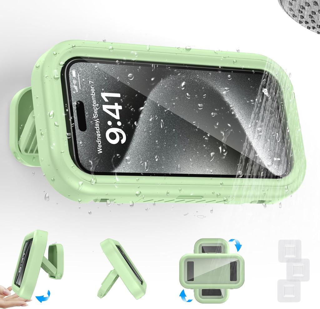 360 ° Rotatable Bathroom Waterproof Phone Case Bathroom Shower Drama Chasing Tool Kitchen Wall Hanging Lazy Person Bracket (Green)