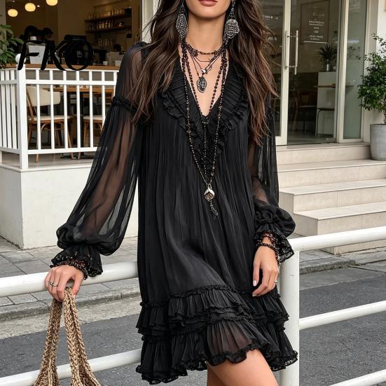 Plus Size Pleated Dress Women's Summer Mini Dress, Sheer Mesh Long Sleeve Tiered Ruffle Lace Cuff Swing V Neck Casual Loose Beach Vacation Short