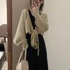 Koreanische Mode Strickjacke Pullover Frauen Herbst Vintage Spitze-up Unregelmäßigen V-ausschnitt Lose Langarm Sexy Abgeschnitten Pullover