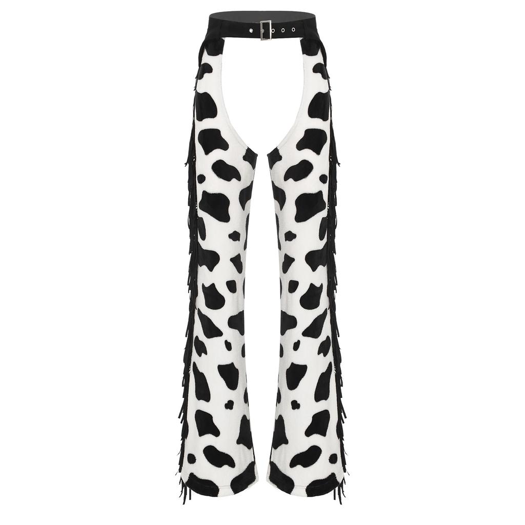Dámské flanelové dlouhé kalhoty se vzorem kravích skvrn - se střapcem na boku, nastavitelným pasem, otevřeným rozkrokem pro jízdu na kole, jezdecké kovbojské chapsy, Halloween Cosplay