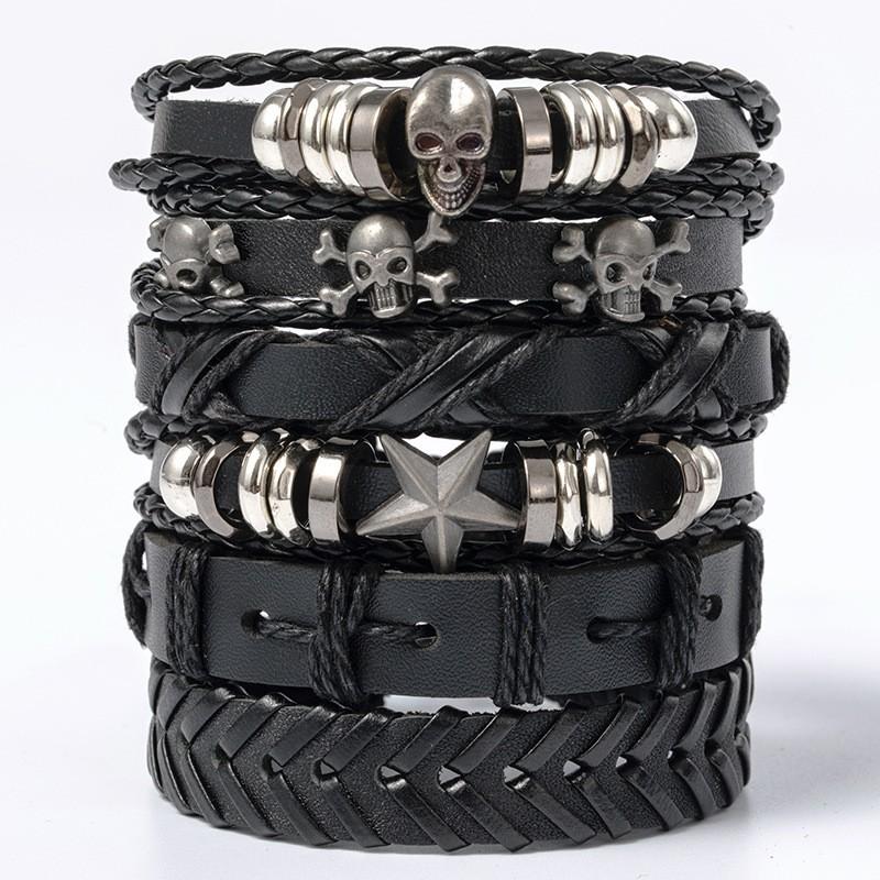 Retro Sliver Color Skull Head Star Beaded Black Leather Rope Braided Multi-layer Bracelets for Men Women Creative Diy Jewelry