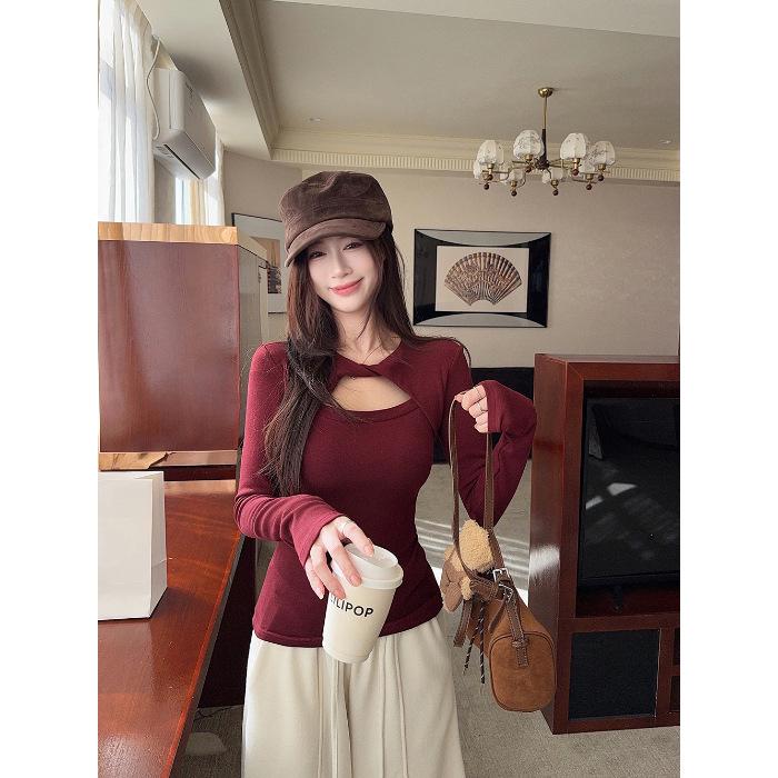 Gewindesamt Grau Ausgeschnitten Langarm-T-Shirt, Damen Slim Fit Herbst/Winter Basisschicht