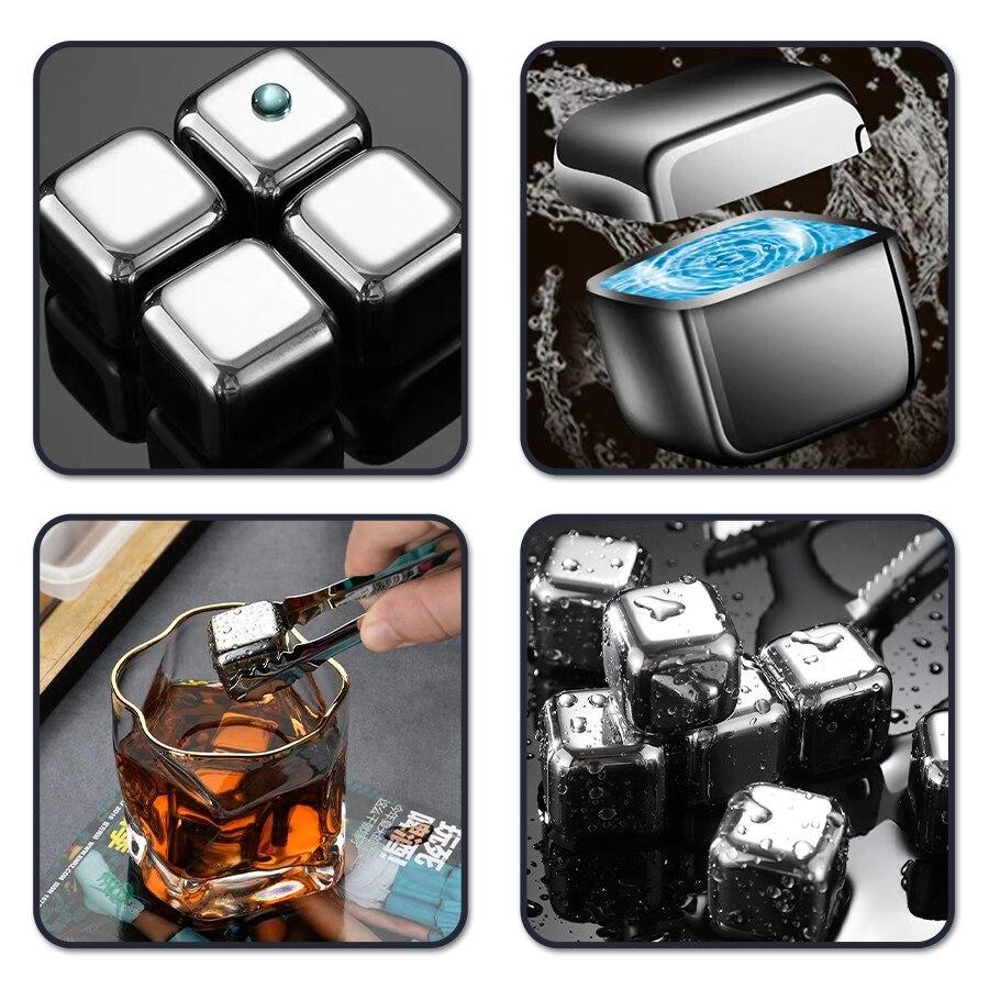 4/6/8 Piece Whiskey Ice Cubes Set with Silicone Head Tongs and Ice Cube Trays Stainless Steel Ice Cubes Reusable