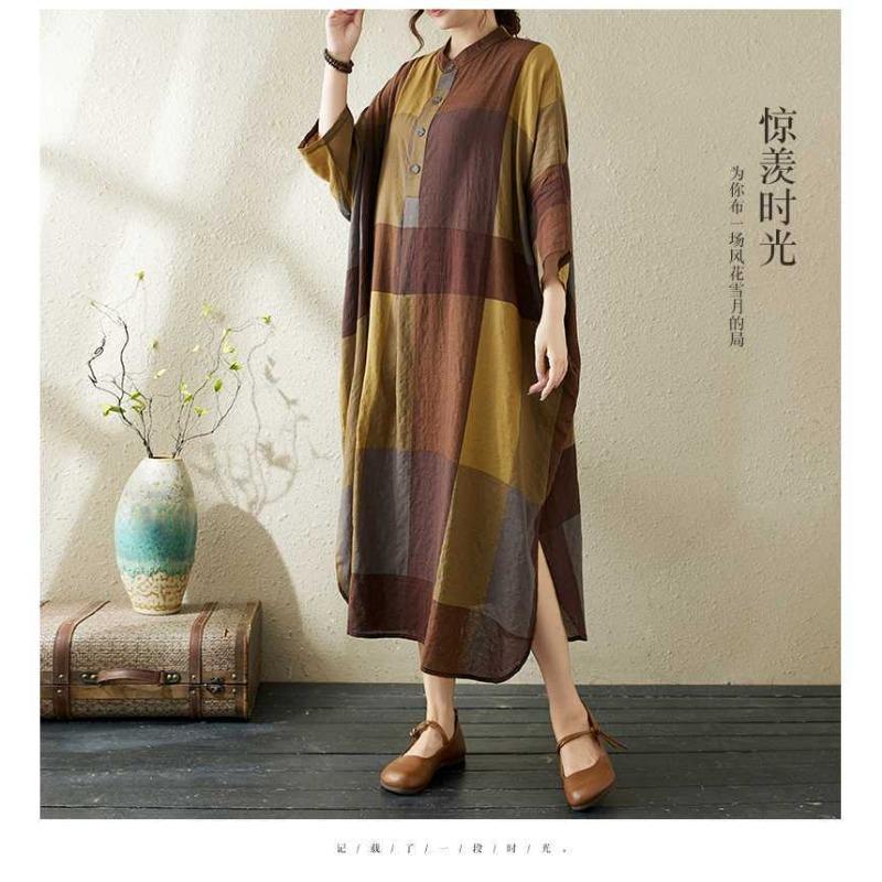 Summer New Temperament Literary Retro Printed Lapel Loose Large Size Vacation Dresses