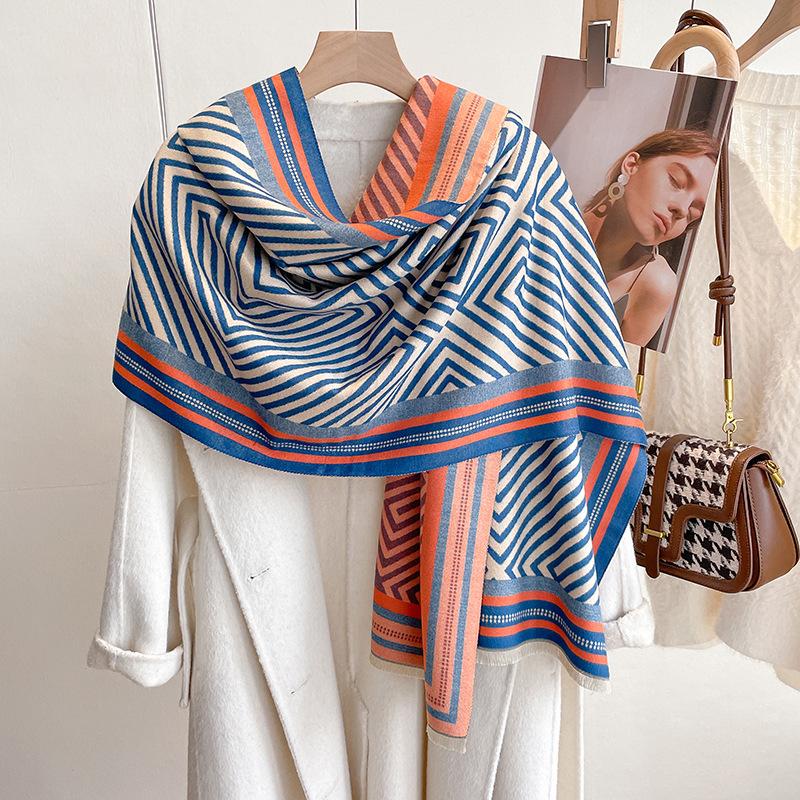 Winter Geometric Striped Imitation Cashmere Scarf Women'S Fashion Korean Version Ins Thickened Warm Travel Dual-Purpose Shawl