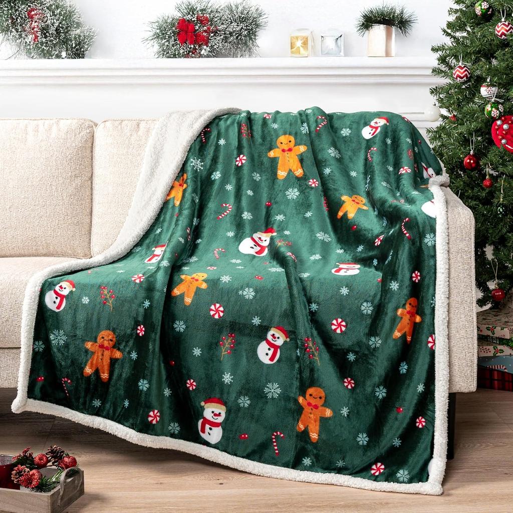 Christmas Reindeer Throw Blanket Double Layer Thicken Fluffy Soft,Warm,Fleece Flannel Santa Claus Snowman Blanket Home Gift