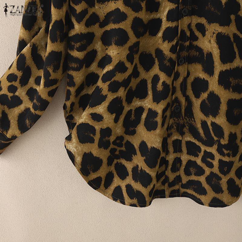 ZANZEA Damen Locker Lässige Leopard-Print Langarmbluse