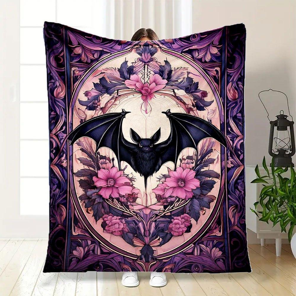 Gothic Bat & Floral Stained Glass Wall Art PrintBlanket Flannel Throw Blanket for Sofa, Bed, Travel, Camping, Office, Couch, Chair, And Bed