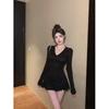 Elegant Deep V-Neck Long-Sleeve Top & High-Waisted Pleated Skort Set