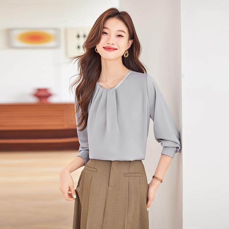 Teluoman French Style Business Casual Long-Sleeve Satin Blouse M