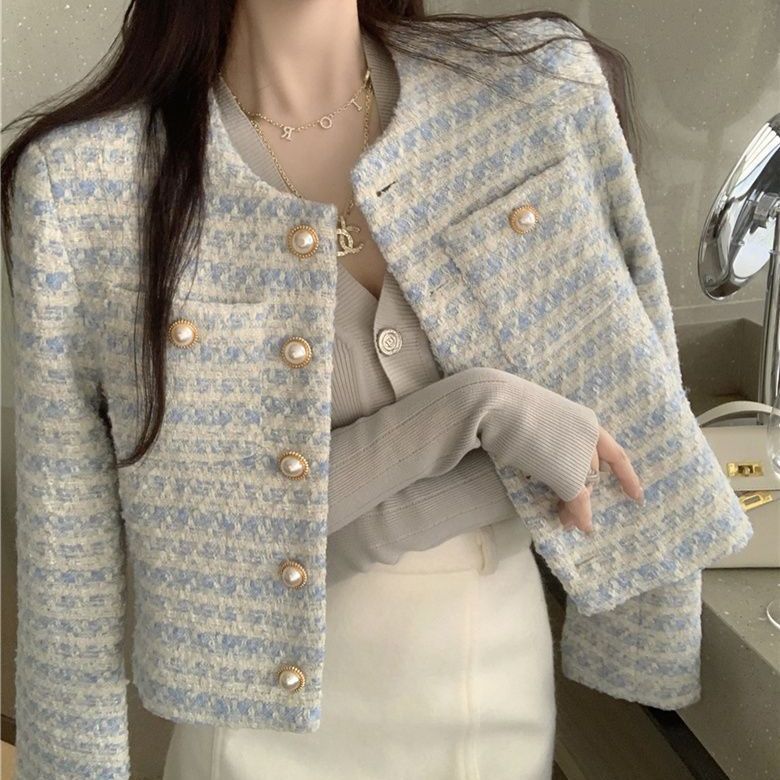 

Осінній жіночий елегантний твідовий кардиган напівпальто з кишенею Однобортний піджак для жінок Вільний верхній одяг XL