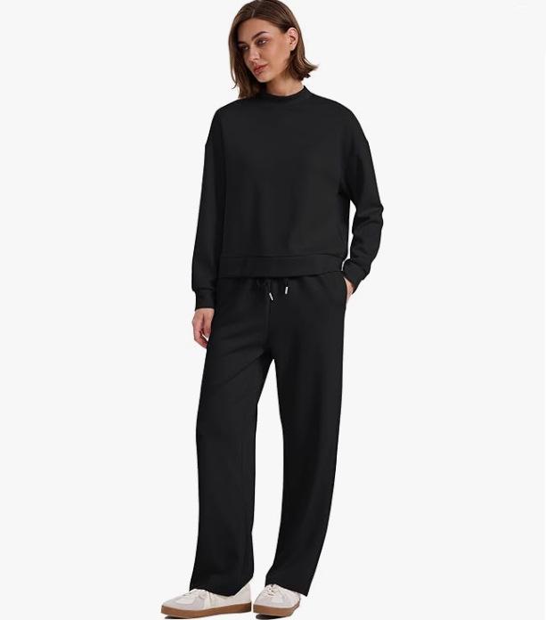 

Женский осенний спортивный повседневный костюм-двойка 2025: Свитшот-пуловер и брюки широкого кроя M чёрный
