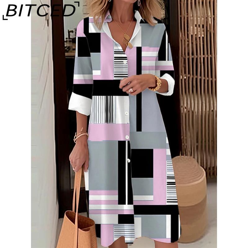 BITCED Women Fashion Spring Autumn Color Block Print Long Sleeve Polo Collar Loose Waist Casual Dresses