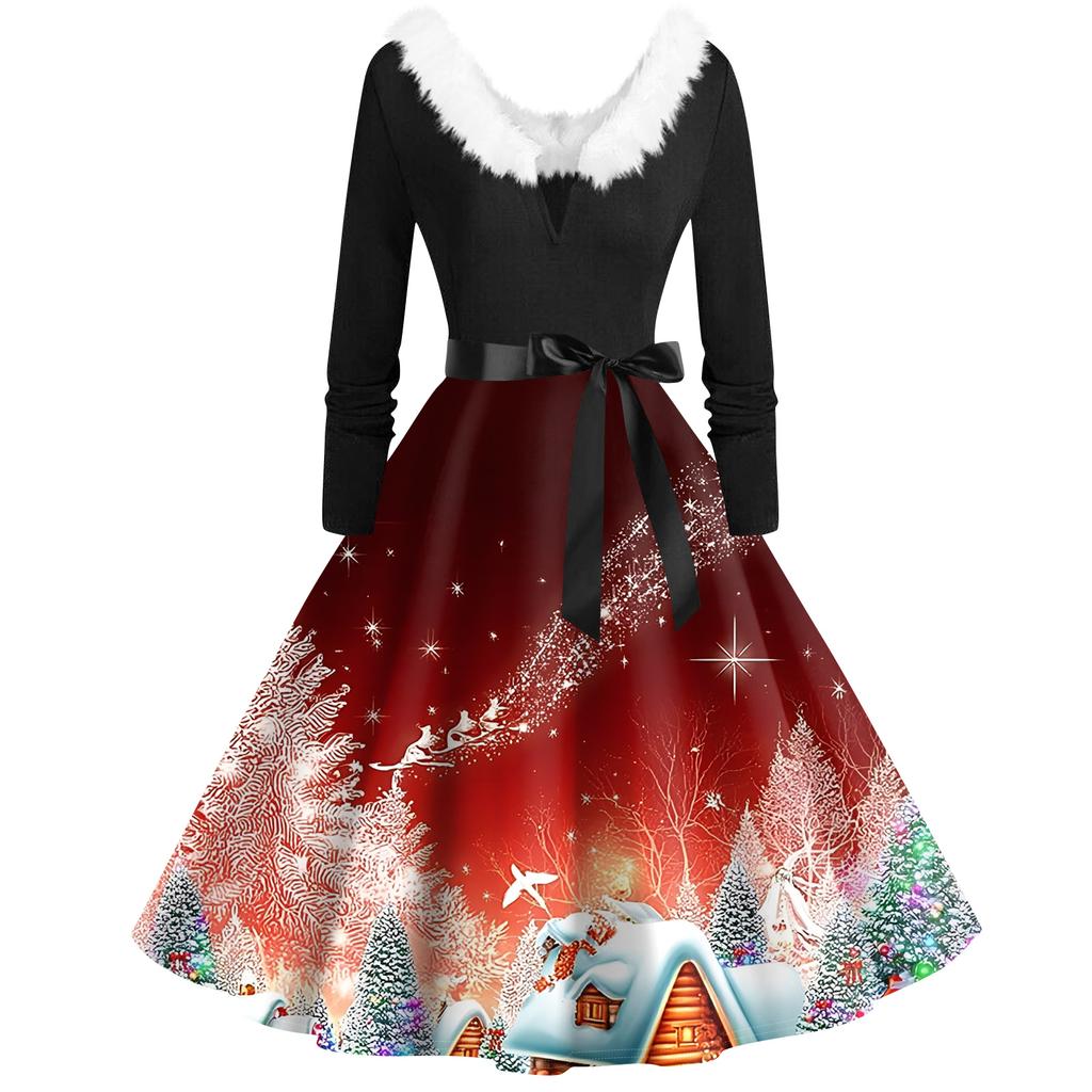 Women's Fashion V-Neck Casual Slim Christmas Printed Long Sleeve Hair Collar Dresses