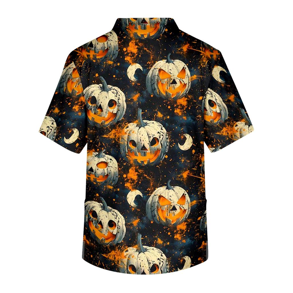 Men's Short Sleeve V Neck Halloween Print Scrub Top with Chest Pocket Medical Workwear for Healthcare Professionals