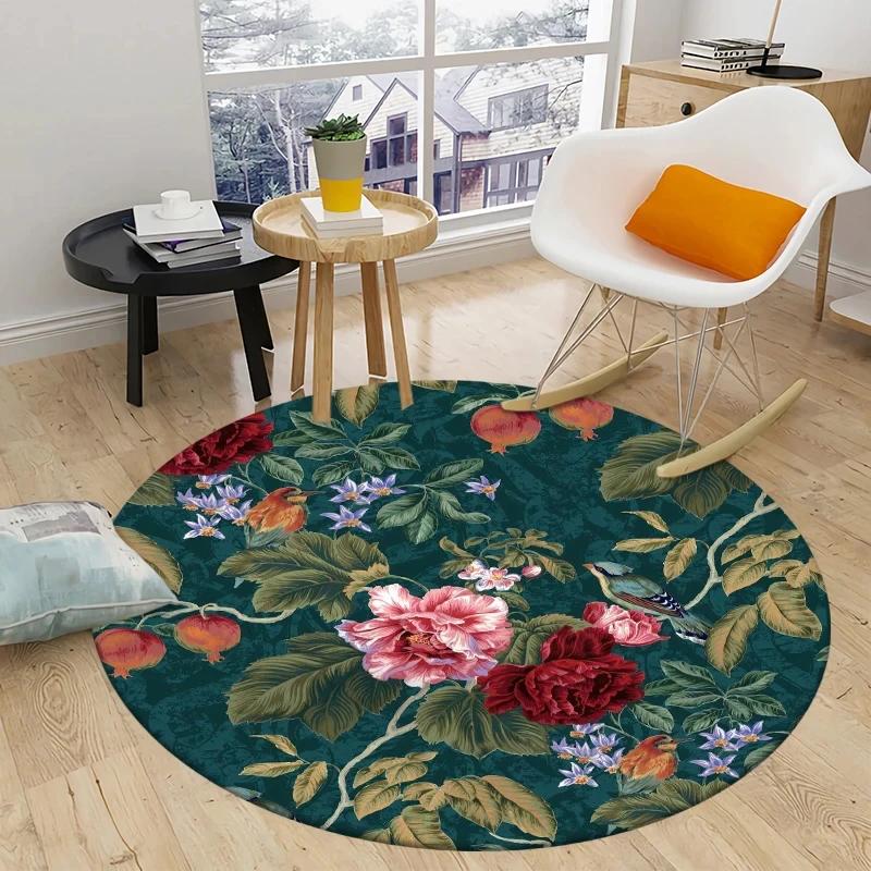Peony Rose Flower Round Carpet Botanical Floral Area Rug Soft Non-slip Circle Floor Mat for Bedroom Living Room Chair Sofa Decor
