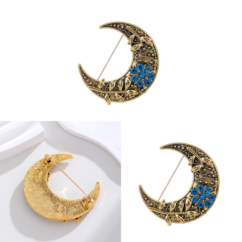 Vintage Moon Pendant Brooch With Zinc Alloy Long Chain For Unisex Fashion Accessories