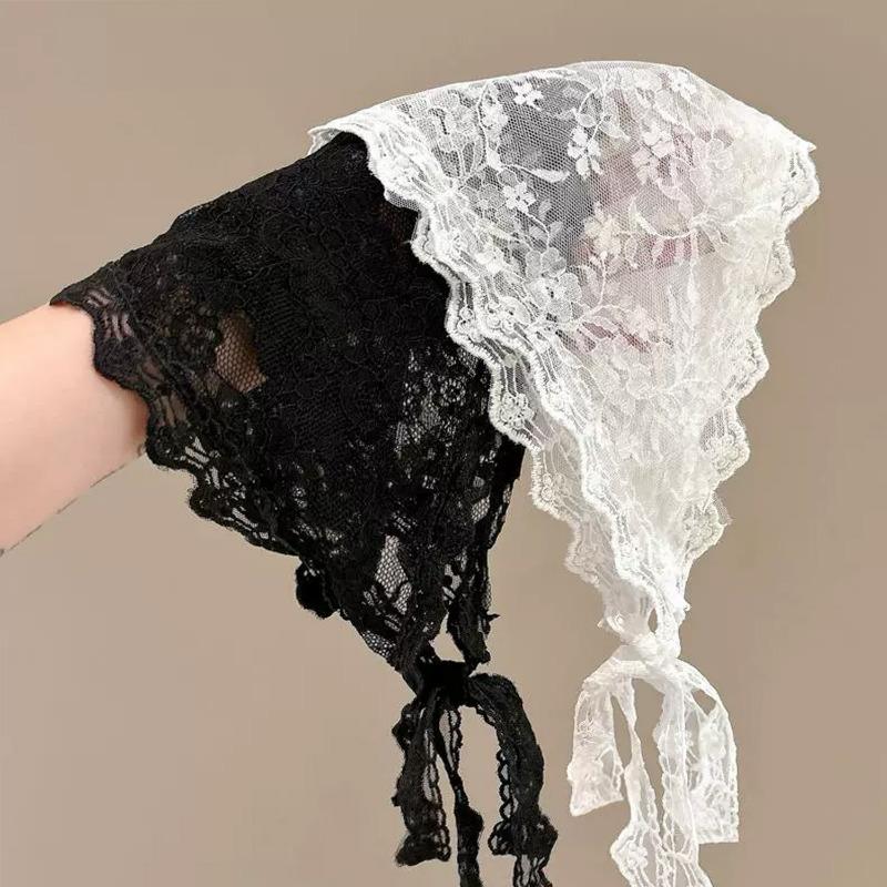 Women Elegant Lace Triangle Headscarf Lace Up Hair Accessory Summer Flower Mesh Scarf Wrap Boho Style Hair Band Soft Headband