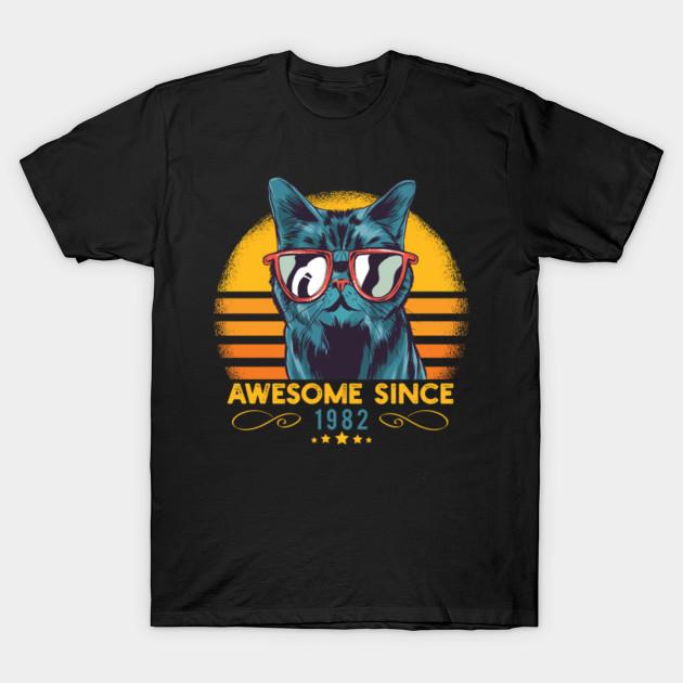 Women's Fashion Round Neck Short-sleeved Cat Awesome Since 1982 Funny Cat Lover Gift Idea F Print T-shirt Summer Casual Slim T-shirt