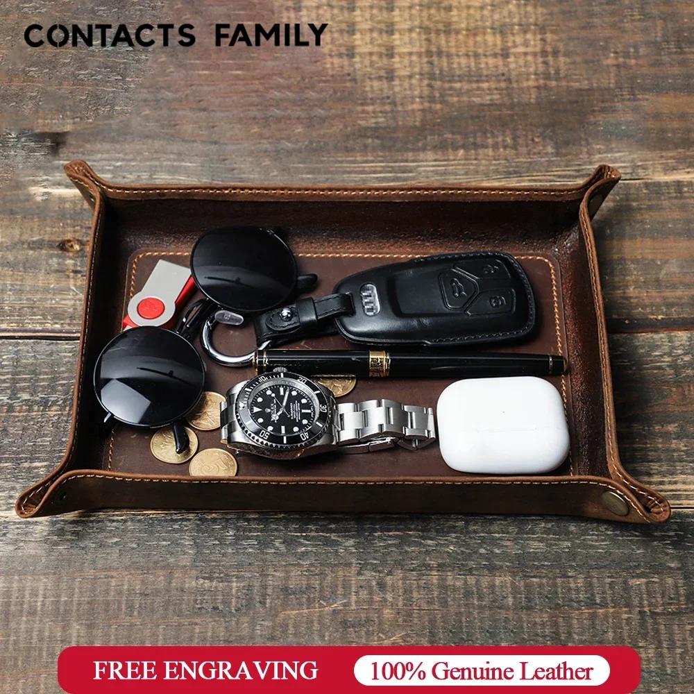 Genuine Leather Storage Trays Cowhide Square Tray Key Wallet Coin Organizer Home Office Desktop Storage Sundries Box