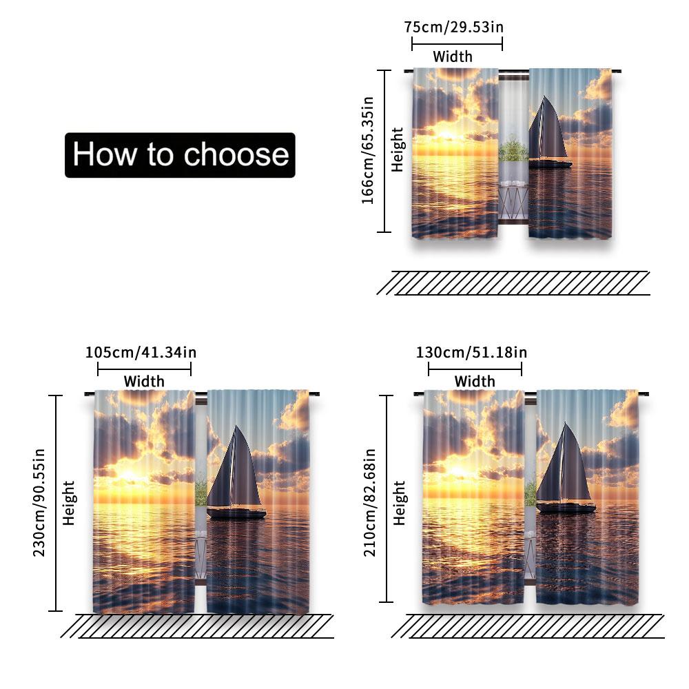 2Pcs Sea Sunrise And Sunset Scenery Curtains Ocean Sailboat Aesthetic Art Curtains Suitable For Bedroom Livingroom Store Hotel