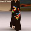 Fashion Graphic Print Long Sleeve Maxi Dress for Women V Neck Loose Casual Floor Length Dress with Pocket