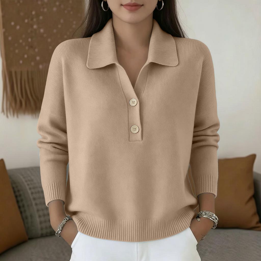 Women's Long Sleeve Knit Sweater Loose Fit Button Front Polo Collar Casual Pullover Top Lightweight Soft Fabric Comfortable Wear