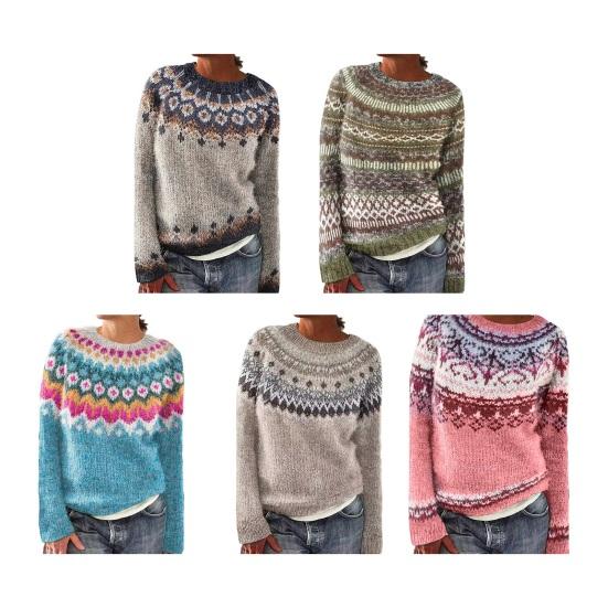 Women Sweater Round Neck Long Sleeve Patchwork Color Knitting Tops Loose Hem Printed Knitwear Winter Wear