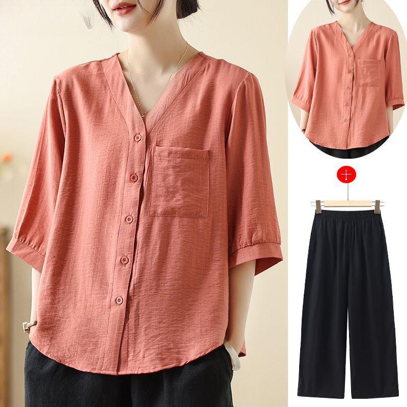 Summer Cotton Linen Lightweight Casual Shirt Set for Middle-Aged Women with Versatile Three-Quarter Sleeves