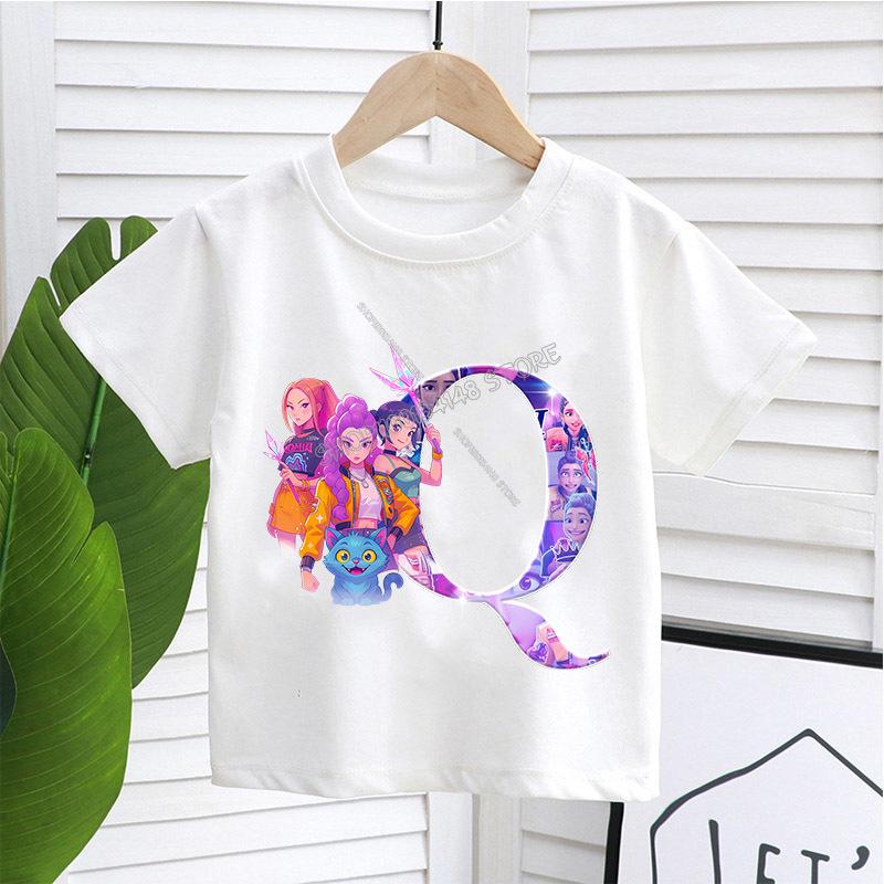 KPop Demon Hunters White T-shirt for Children A-Z Letters Tee Top Cartoon Round Collar Clothes Kids Short Sleeve Clothing Gift