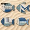 Rustic Wooden Wall Plaques 4PCS Fish Decoration, Mediterranean Style Hanging Plaques, Blue White Distressed Seaside Interior Accents Geometric Pattern