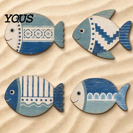 Rustic Wooden Wall Plaques 4PCS Fish Decoration, Mediterranean Style Hanging Plaques, Blue White Distressed Seaside Interior Accents Geometric Pattern