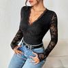2025 Elegant European & American Lace V-neck Black Jumpsuit with Sexy Hollow Back.