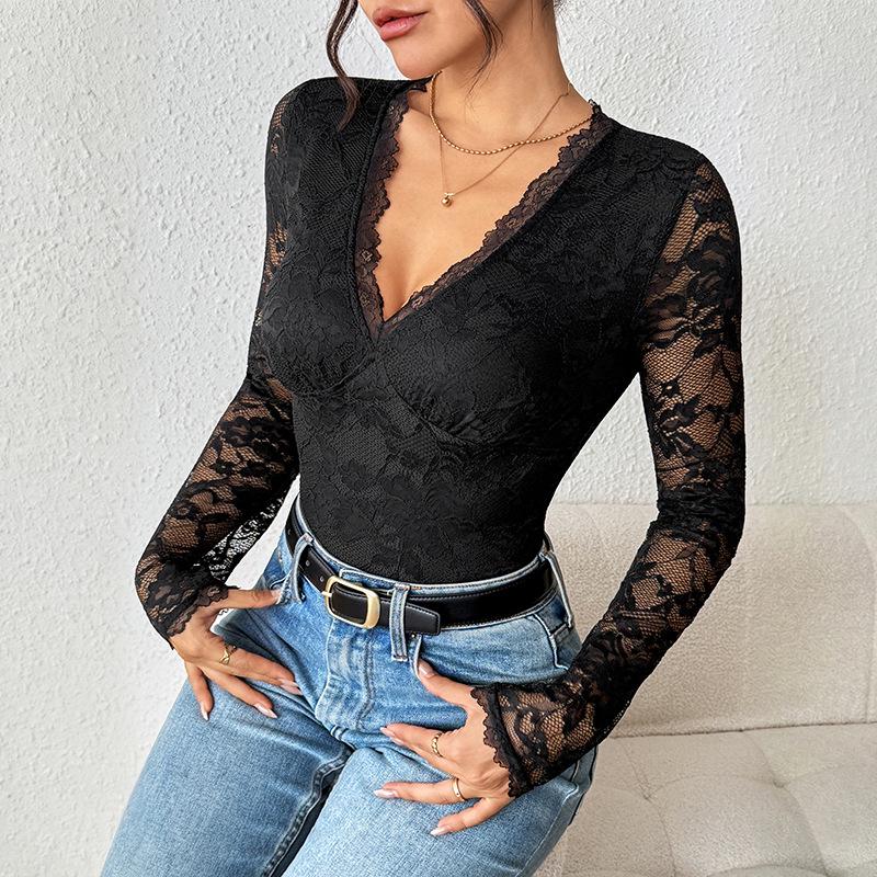 2025 Elegant European & American Lace V-neck Black Jumpsuit with Sexy Hollow Back.