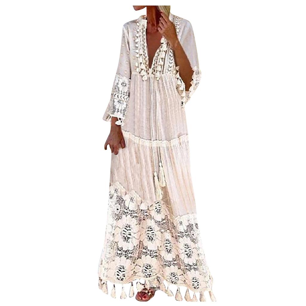 Women's Fashion Casual Long Sleeve Tassels Bohemian V-Neck Lace Plus Size Dress