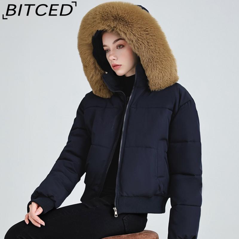 BITCED High-Waisted Oversized Fur-Trimmed Hooded Cropped Cotton Jacket for Women Autumn/Winter Down-Filled Cotton Jacket Slim-Fit Jacket Outerwear