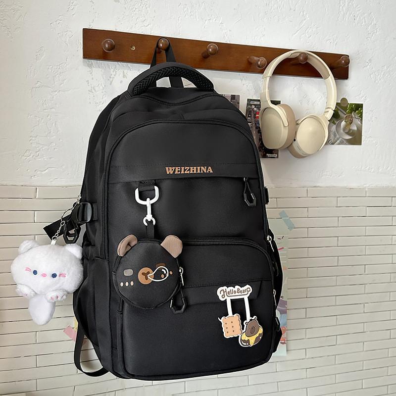 Color Solid Simple Letter Pattern Student Backpack With Decoration Pendant