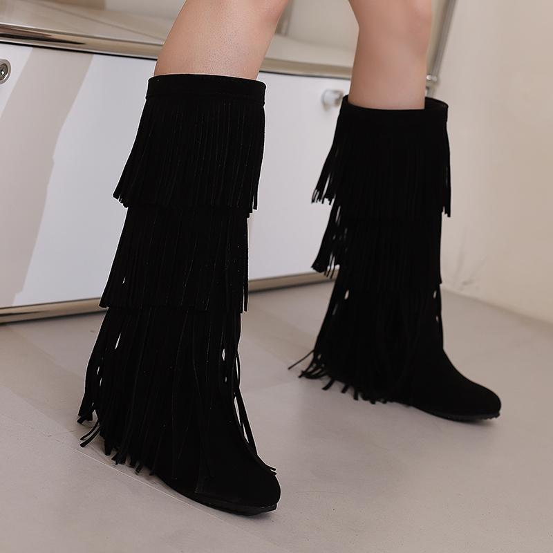 Plus Size Frosted Suede Material Three Sections Of Tassels Fine Stripes Flat Bottomed Sloping Heels Retro Midsole Boots