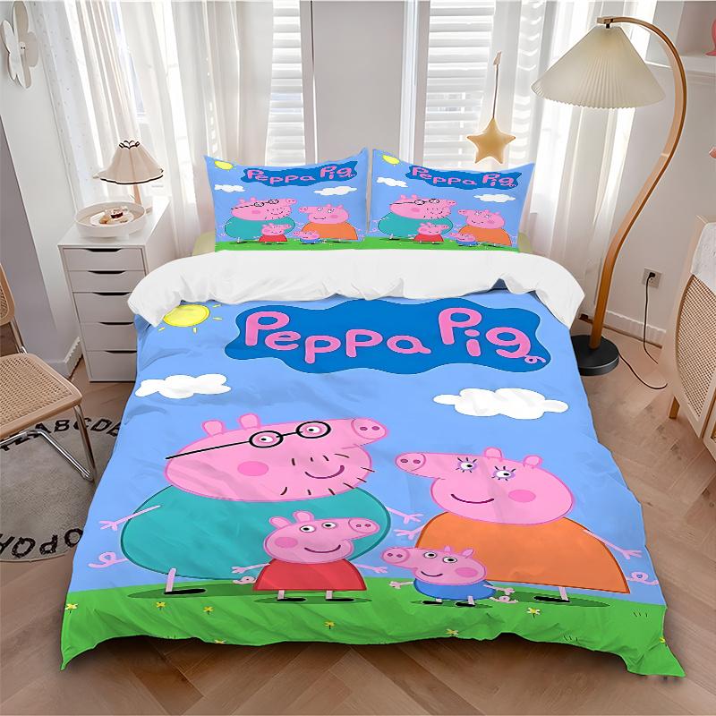 3pcs Peppa Pig Family Cartoon Print Bedding Set-Universal Three-Piece Suit for Bedroom, Guest Room, Living Room, Hotel Decorations-Perfect G