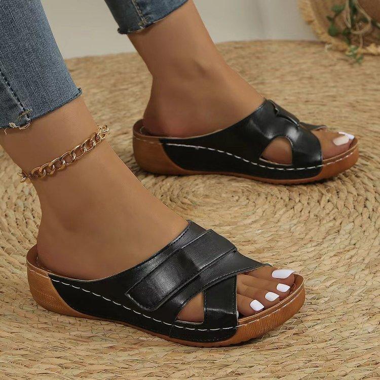 2024 New Summer Slope Heel Thick Sole Slides Big Size Casual Fashion High Heel Women Slippers Black