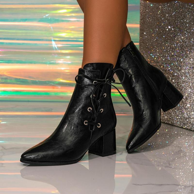 Fashion Sexy Pointed Toe Lace Up High Heel Ankle Boots Women Fashion Side Zipper Thick Bottom Designer Boots Big Size Black Botas Mujer