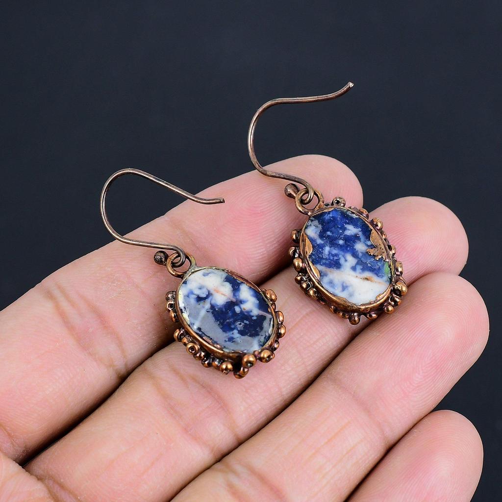 Sodalite Handmade Gemstone Earrings, Copper Electroformed Earrings Antique Jewelry, Earrings For Engagement Gift