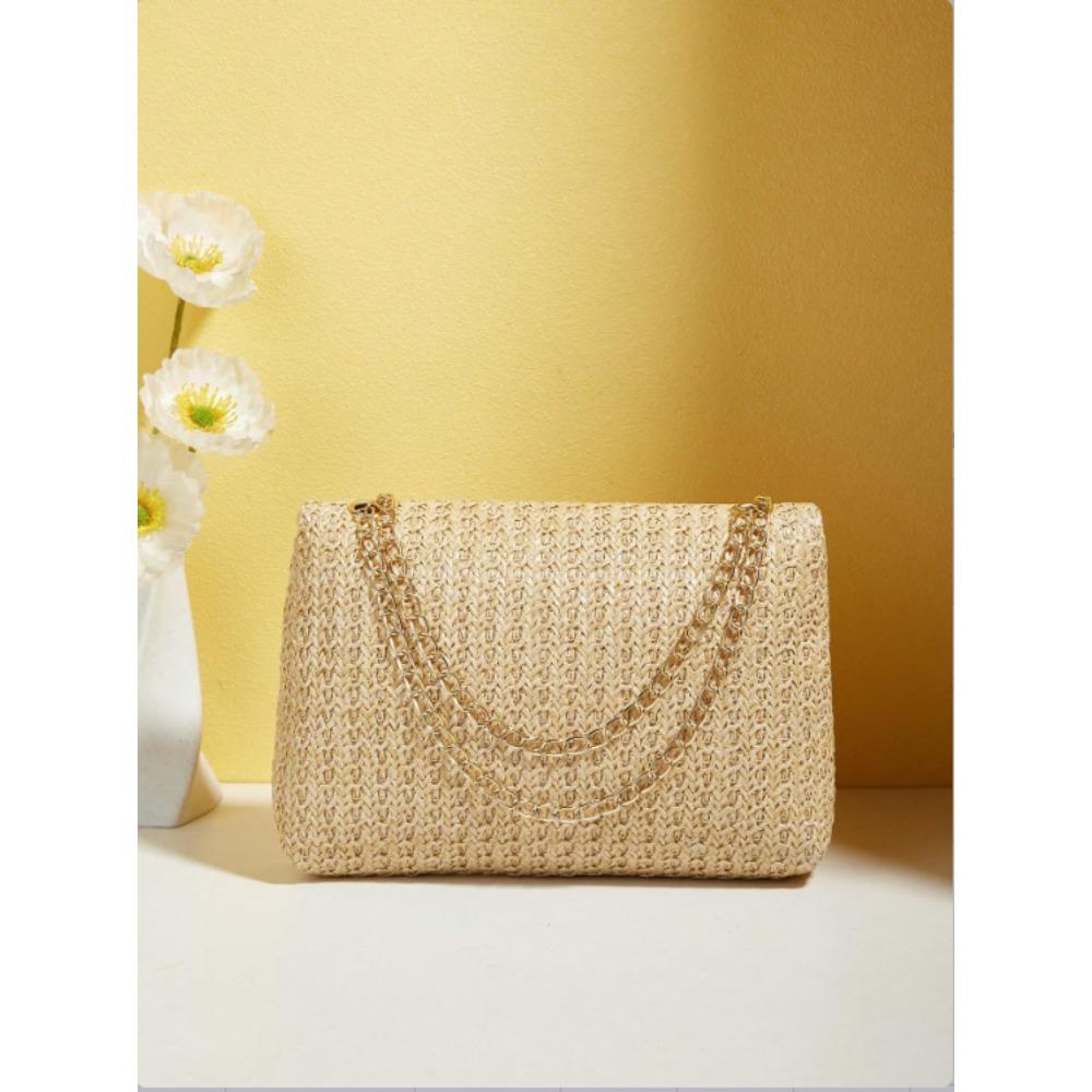Gewebte Stroh-Handgewebte Damen-Schultertasche,Modische Uni-Farbe Crossbody-Tasche mit Schlossverschluss