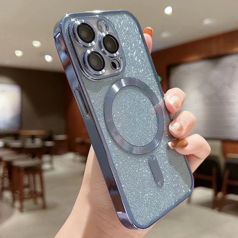 Husă de telefon de lux Electroplate Magsafe cu încărcare fără fir pentru iPhone 16 15 13 12 11 Pro Max 14 Plus Husă moale cu sclipici