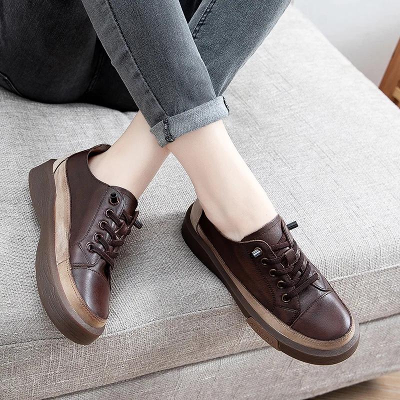 Genuine Leather Retro Women Sneakers Casual Lace Up Flat Ladies Shoes Fashion Breathable Comfort Women's Flat Shoes