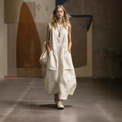 European and American Independent Station Spring and Summer New Loose Sleeveless Three-dimensional Pocket Cotton and Linen Dress